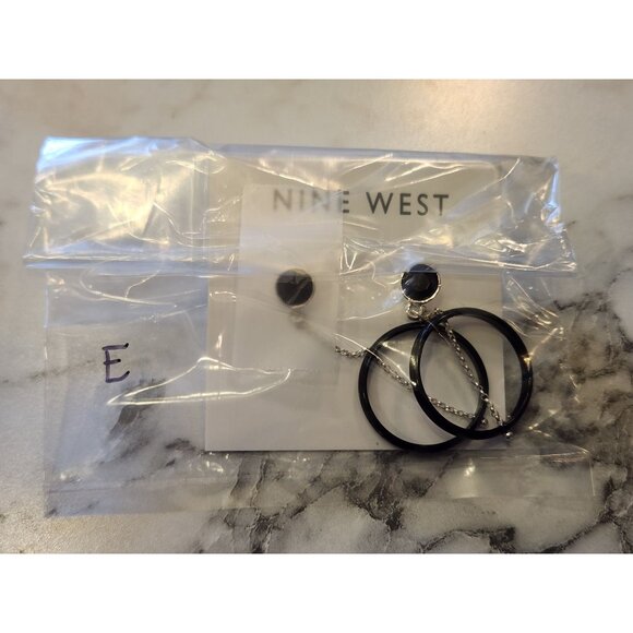 Nine West Silver Tone & Black Circle Drop Earrings With Chain Detail - Picture 2 of 5